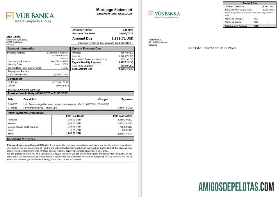 Extrato de hipoteca do banco VUB da Eslováquia em formatos Word e PDF modelo